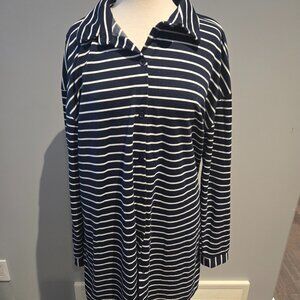 Zeagoo Striped Button-Down Long Sleeve Nightgown | Size XL | Navy & White
